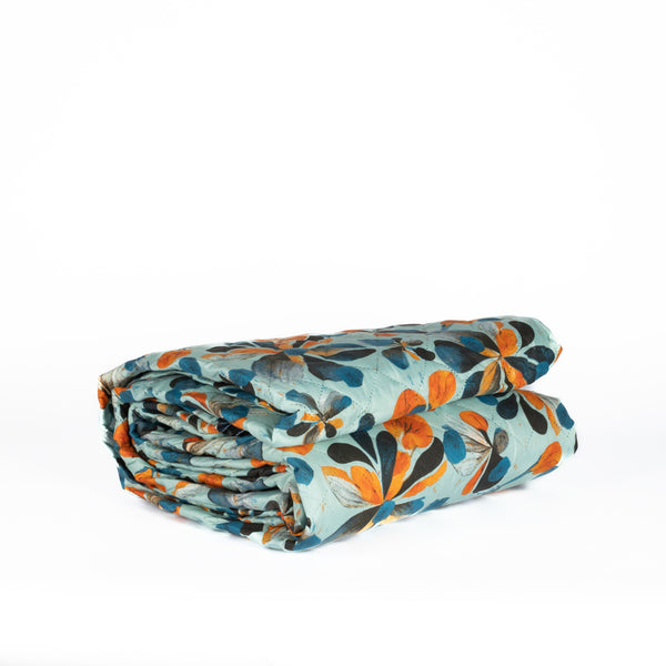 Trapuntino Italiano Matrimoniale Fiori Arancio Azzurro  Double Face